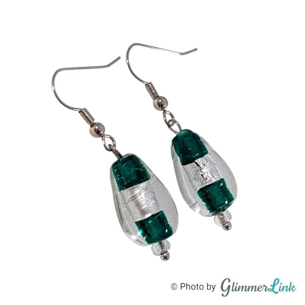 Glass Lampwork Buoy Nautical Silver Tone Dangle Pierced Earrings
